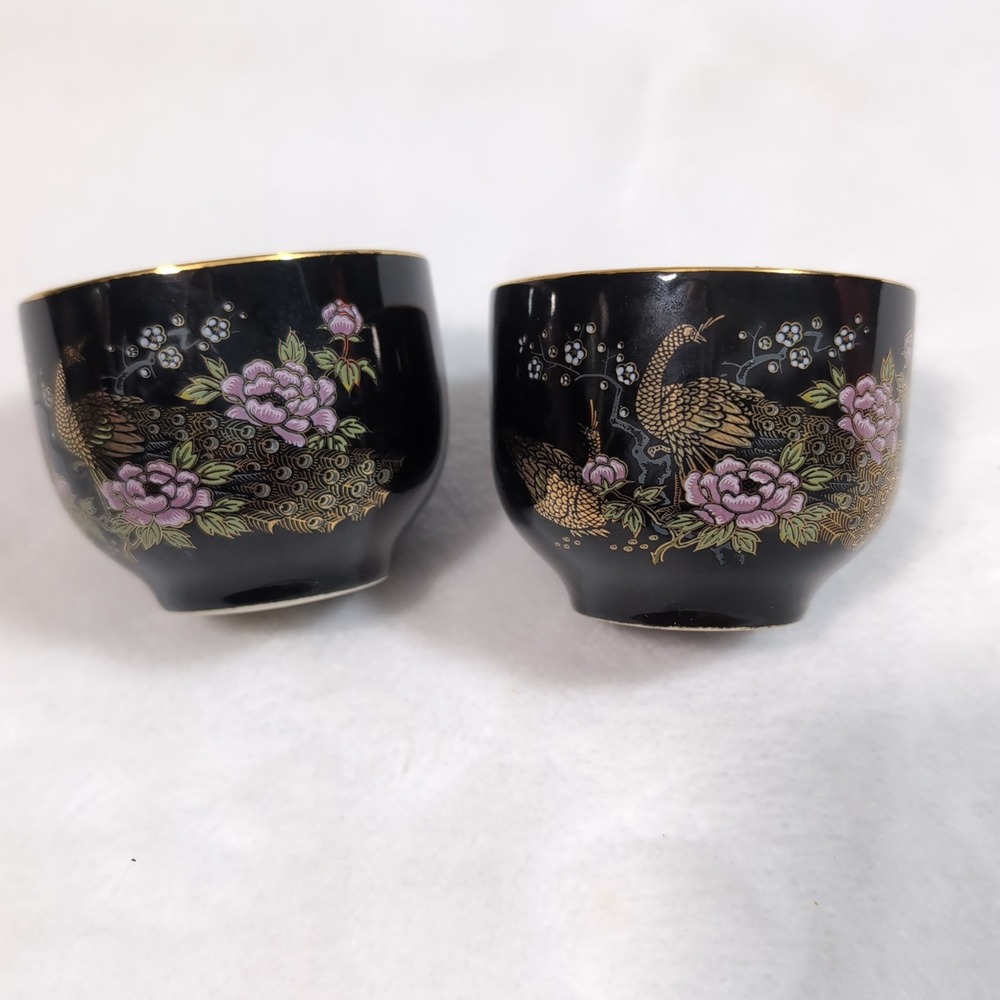 2 Vintage Japanese Tea Sake Cups ~Black Gold Peacock Floral~ Kutani Style Yunomi